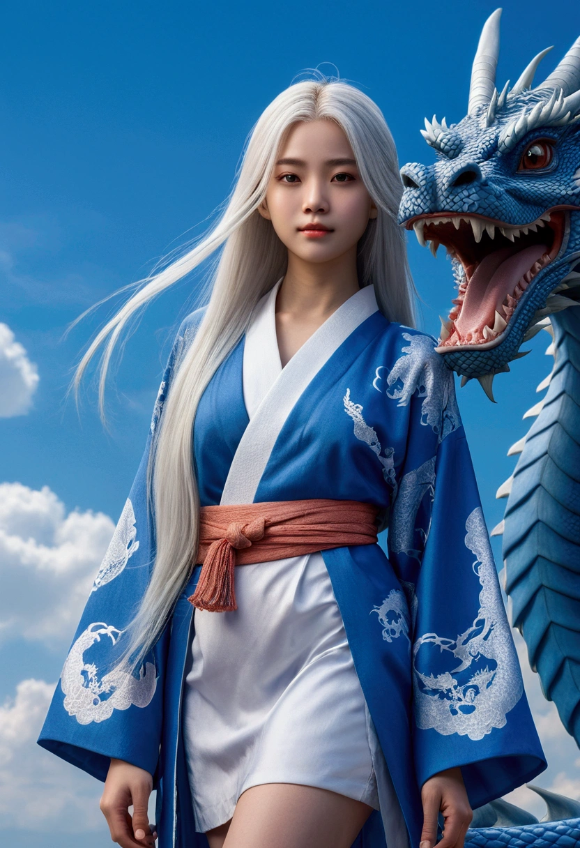 A beautiful girl with long white hair wearing a blue kimono, standing in front of a simple blue sky background, a large blue dragon towering behind her, the girl's bare shoulders and long sleeves visible, wearing flip flops, with a serene expression looking directly at the viewer, highly detailed, 8k, photorealistic, fantasy, dramatic lighting, vibrant colors