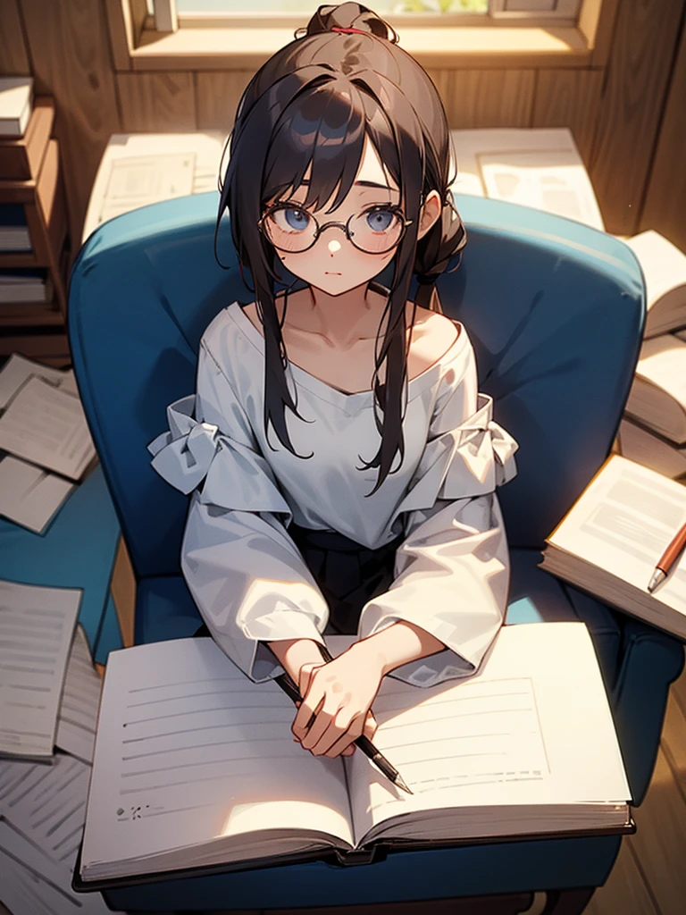 A cute young girl, wearing glasses, shoulder-length hair tied in a knot, sitting intently writing a book.