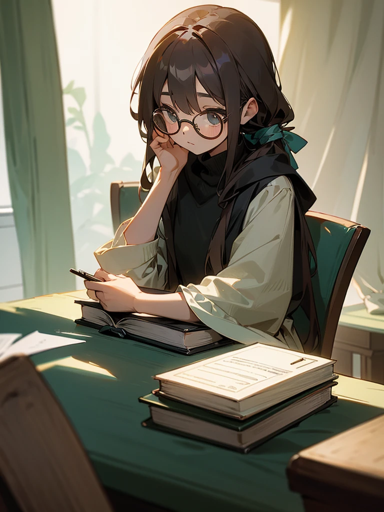 A cute young girl, wearing glasses, shoulder-length hair tied in a knot, sitting intently writing a book.