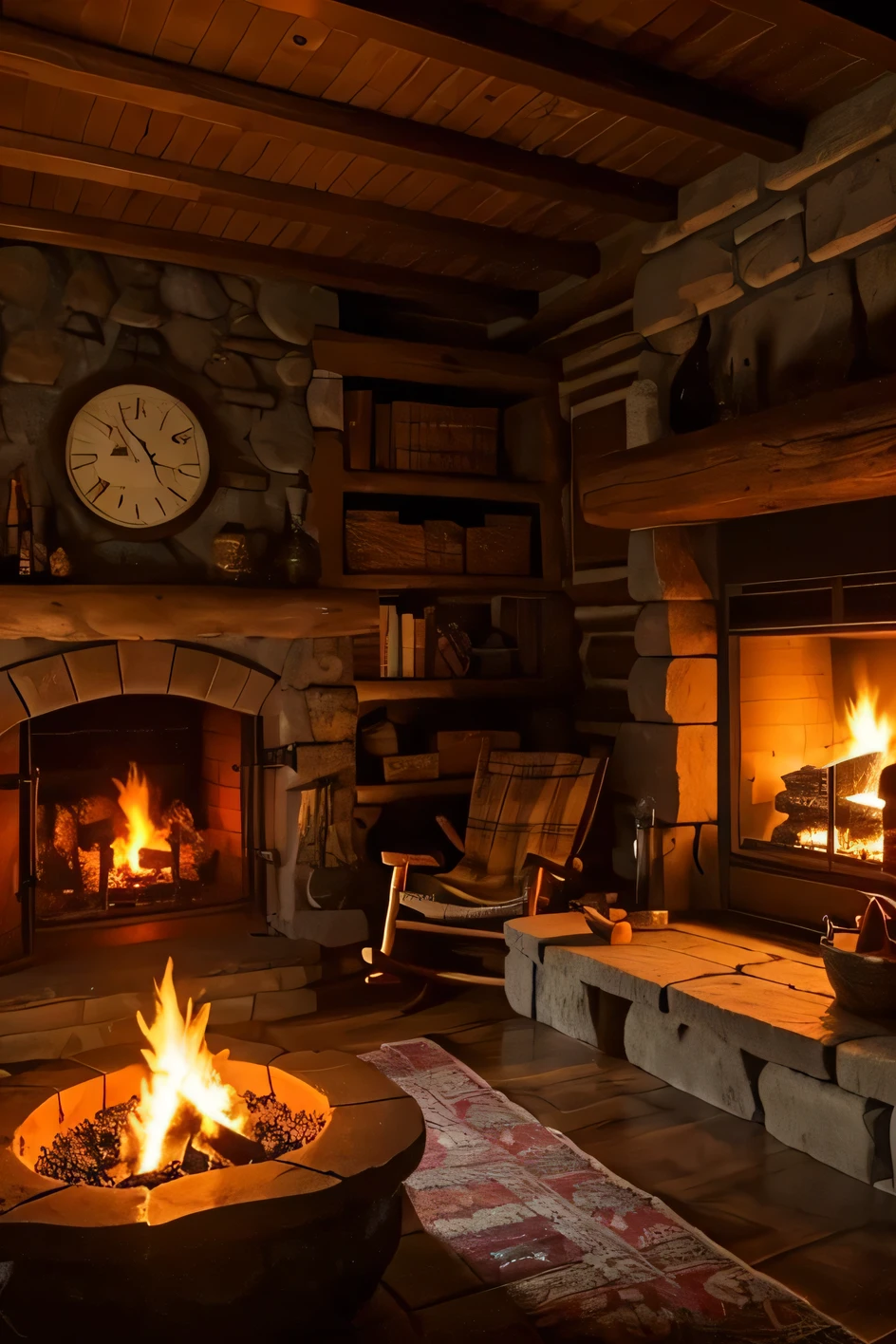 Firewood burning in a stone fireplace in a mountain cabin。Nearby is an old woman asleep in a rocking chair.。The dim light of the lamp illuminates the old woman's back.。