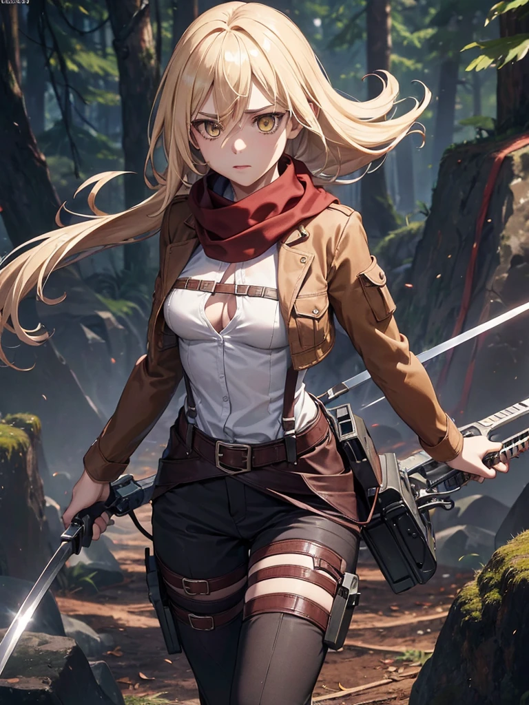 Historia, blond hair, medium breasts, belt, thigh strap, red scarf, black pants, brown jacket, holding weapon, sword, dual wielding, three-dimensional maneuver gear, topless, blood in face , in the deep forest, in the battle field, stunning innocent symmetry face, the perfect body, Average Breasts, Slim waist, Slim legs, (high skin detail:1.4), deep Yellow eyes, upper body, chest exposed,  focus on breasts, brown short jacket