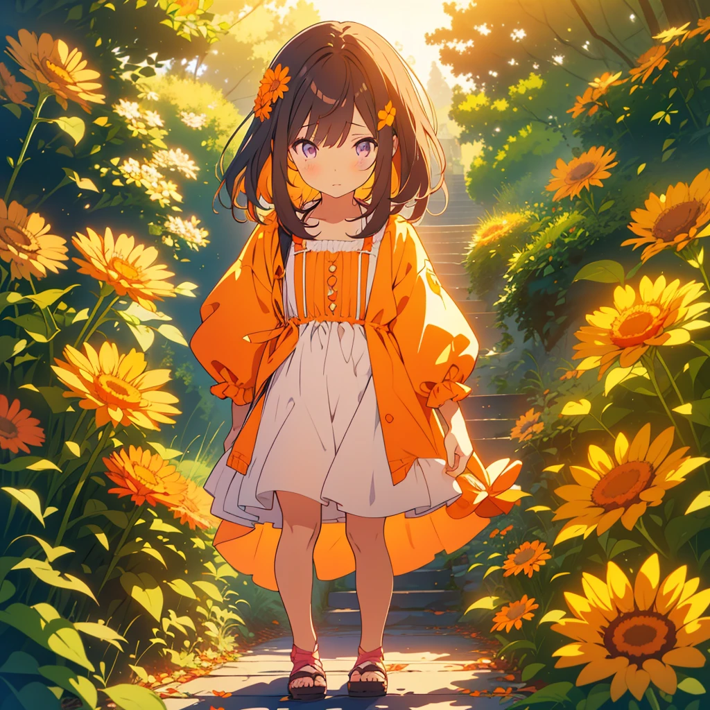 kawaii, anime, Cute, hyper quality, highly detailed, 8k, Clarity, Draw facial expressions in detail, Girl with long dark brown hair and green eyes, Woman with long light pink hair and purple eyes looking back, A small, short, dark orange calendula spreads out at my feet., A hill with small, short, dark orange calendula growing in clusters at its feet., Inciting point of view, Deep orange calendula petals are dancing, back to back, look down with a sad expression, whole body, Draw two girls as characters, small calendula at my feet, small Calendula officinalis at my feet, dress, farewell, Loneliness, sadness of parting, Sad, broken heart, A flower garden spreads out at your feet,