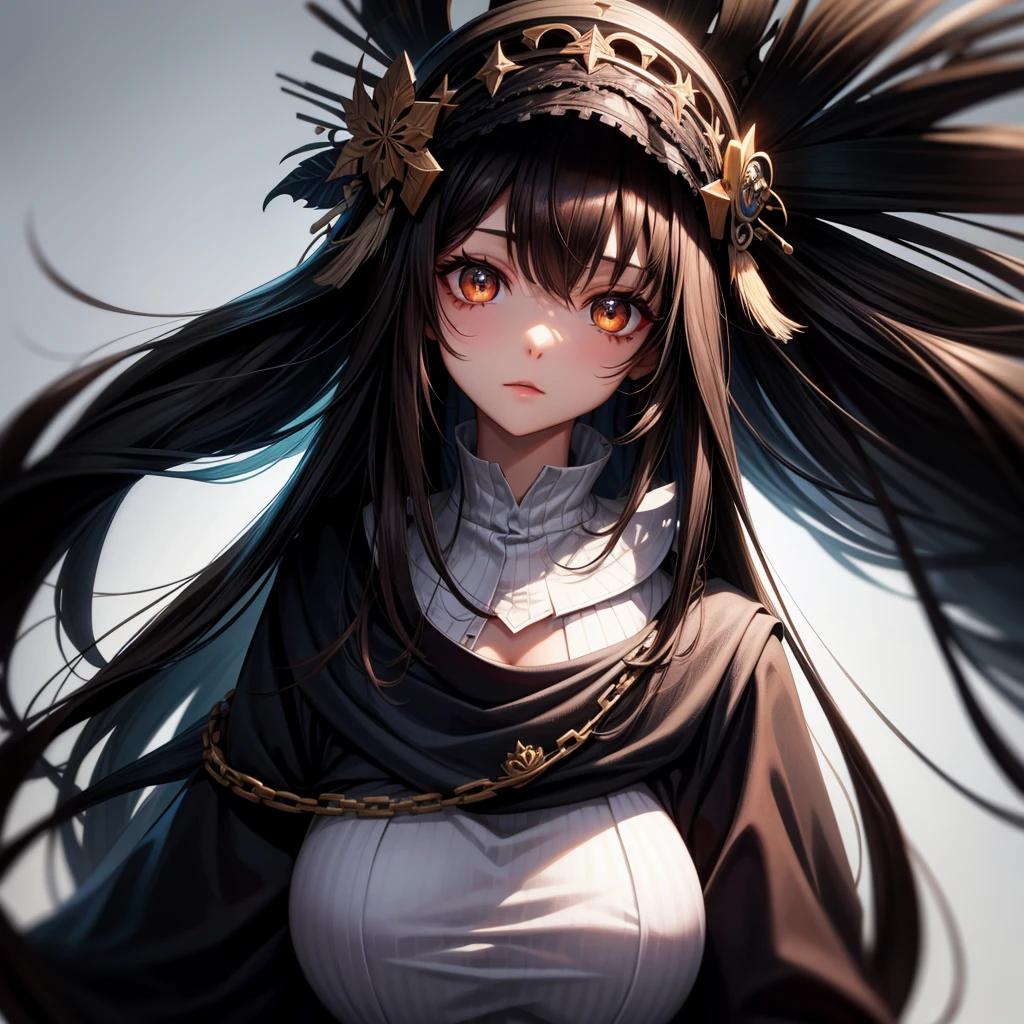 long dark hair / big tits / brown eye /  goth / in white background
