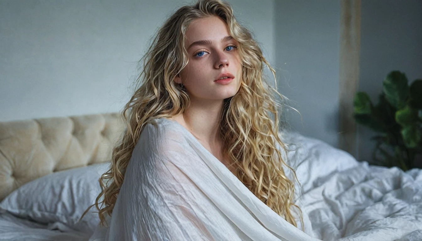 Photo of a 20-year-old European girl, raw, beautiful woman, (extra long wavy blonde hair), ((portrait)), ((detailed face: 1.2)), ((detailed facial features)), (finely detailed skin), pale skin, wrapped in a sheet, bedroom environment, sitting on the bed, (cold color), moist, moist, reflectors, (masterpiece) (perfectly proportioned) (photos realistic) (best quality) (detailed) photographed in a Canon EOS R5, 50mm lens, F/2.8, nfsw, (8K) (wallpaper) (cinematic lighting) (dramatic lighting) (foco nítido) (convoluted) fashion, from above