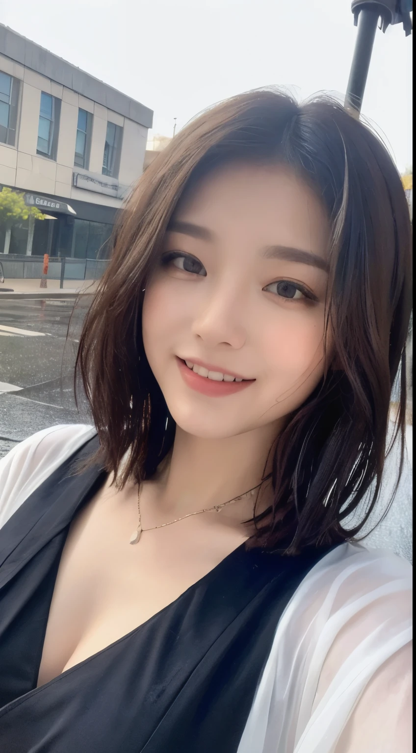 ((Highest quality, 8k, masterpiece:1.3)), concentrated: 1.2, Perfect Body Beauty: 1.4, Hips: 1.2, ((Layered Haircut, chest: 1.2)), (Wet clothes: 1.1), (rain, street:1.3), Bandeau dress: 1.1, Highly detailed face and skin texture, Beautiful Eyes, double eyelid, Whitening skin, Long Hair, (shut up: 1.3), smile