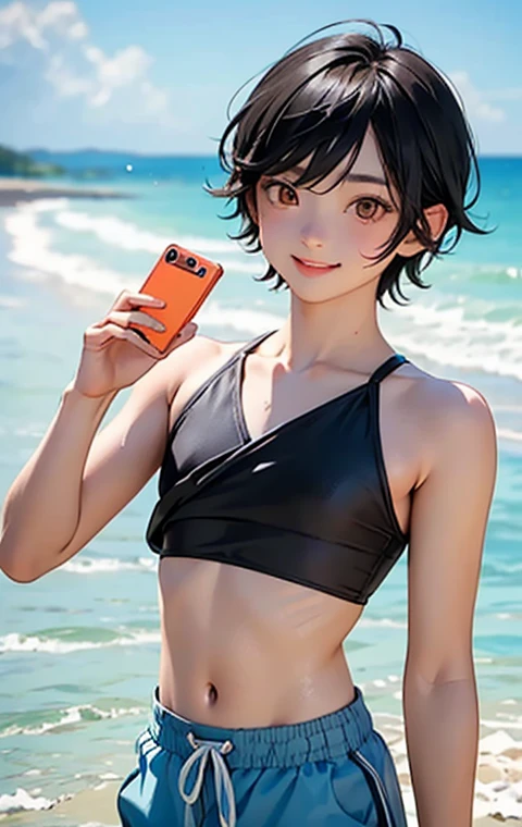 Highest quality、Realistic、boy、zoom、cute、Orange eyes、Black Hair、short hair、Light blue pikini pants。、A well-trained body、Sunburned skin、Dark Skin、smile、Summer Sea、Selfie with smartphone、Bust Shot、