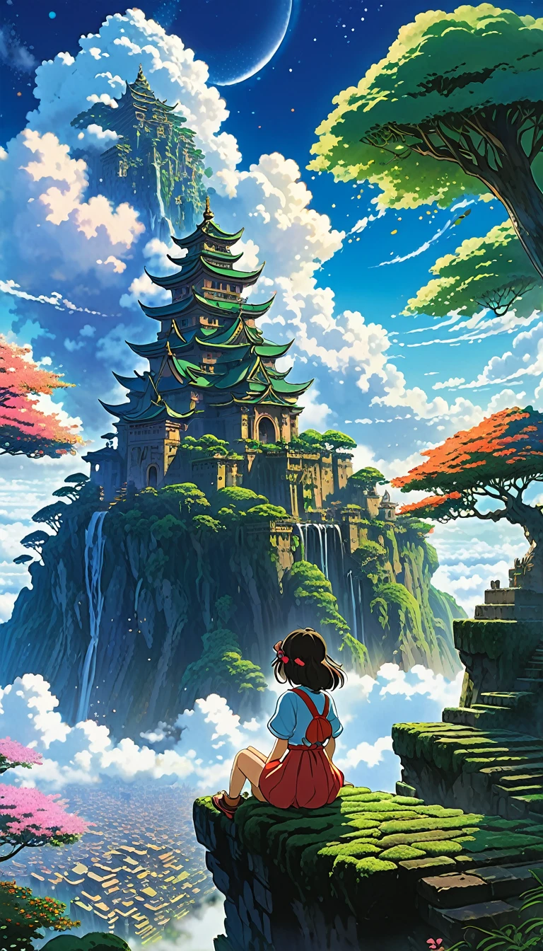 Estilo anime de Shin-Umi Mokoto y Ghibli, from behind,Over the clouds,Sitting on the mossy stage、A girl dressed in adventure looking at a magnificent lost city and the giant world tree next to it., lost city Over the clouds and towering sky, Magic glowing particles, Vibrant dreamy colorful sky with fluffy clouds, book, Apple, glasses, calm,petal,hair blowing in the wind,they are

