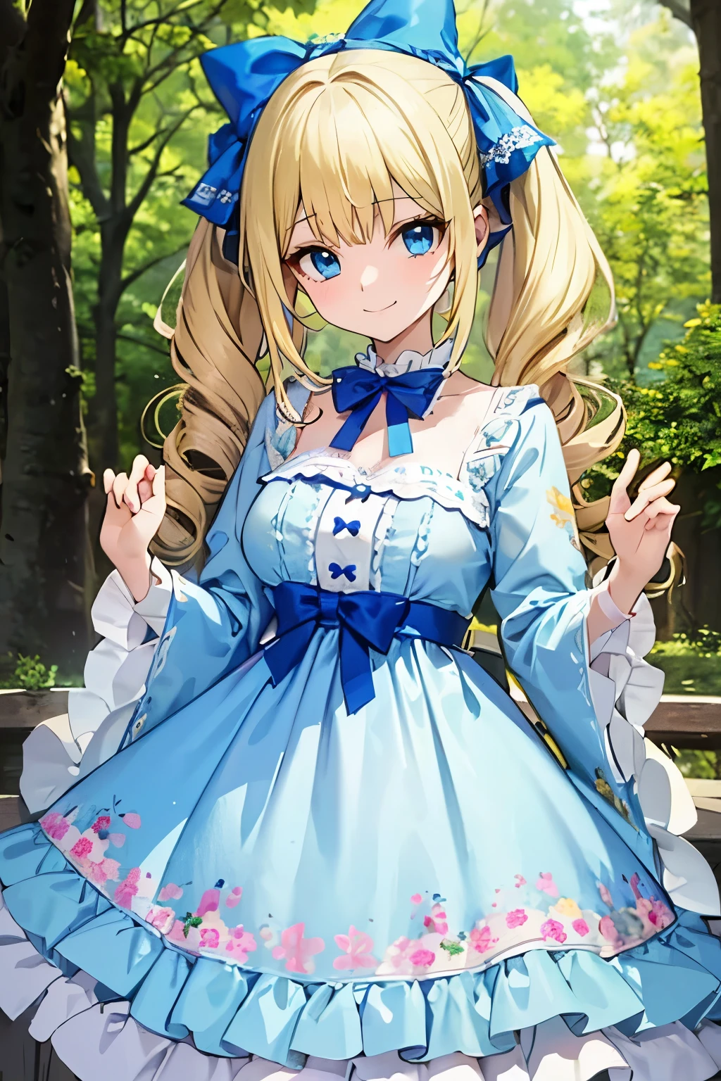 Safe for work, masterpiece, best quality, solo, 1 girl,  cute girl, wholesome girl, (young female body:1.4), ( medium small breasts), cowboy shot, shy smile, flustered, yellow hair, voluminous wavy hair, extra long hair, hime cut, very blunt bangs, light blue eyes, detailed eyes, forest trees, river background, cute ****ta fashion, light blue ****ta dress, cozy background, light blue ****ta dress, ribbons, light blue bows,  big bow on head