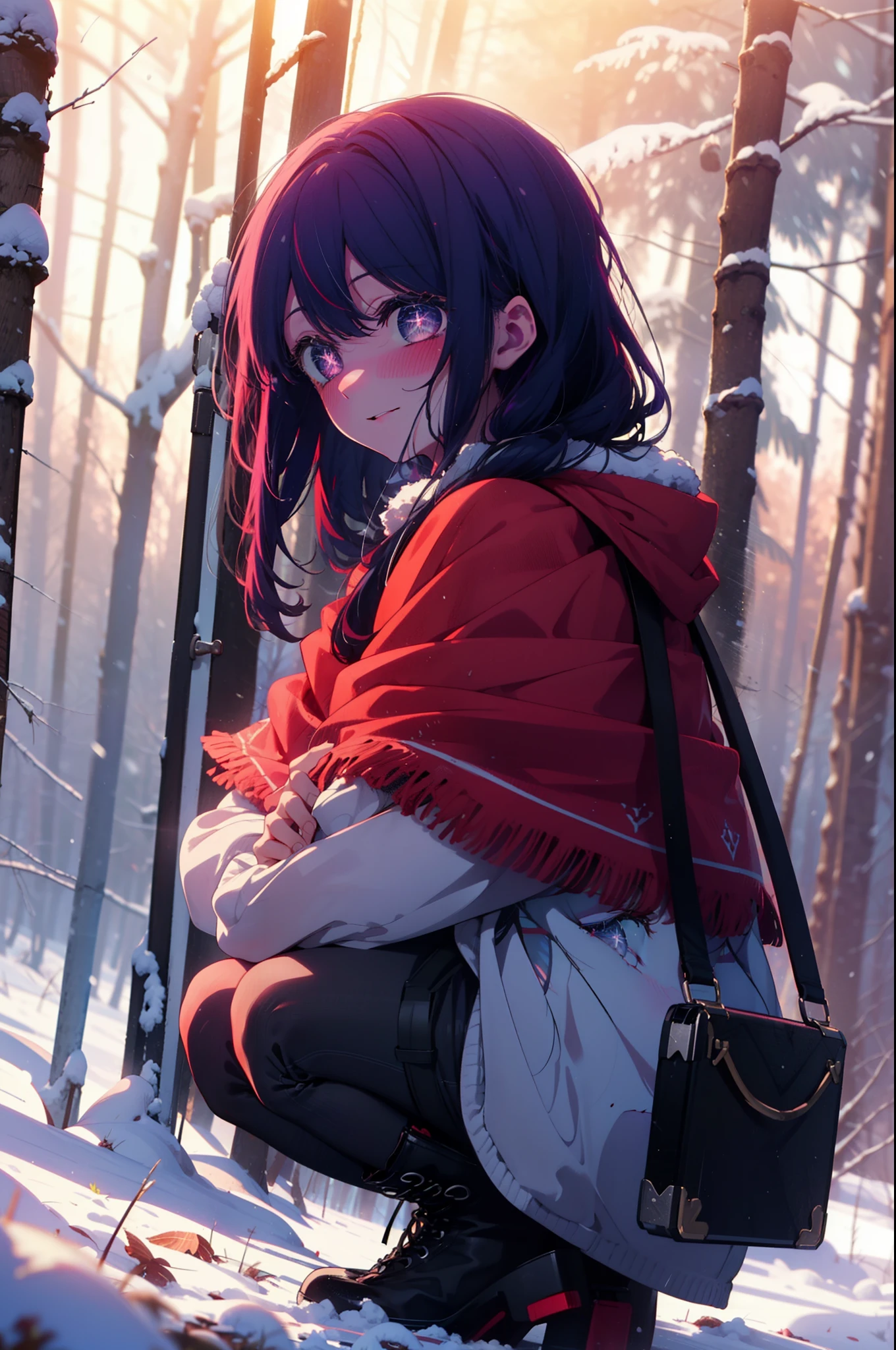 aihoshino, Ai Hoshino, Long Hair, bangs, (Purple eyes:1.1), Purple Hair, (Symbol-shaped pupil:1.5), smile,,smile,blush,white breath,
Open your mouth,snow,Ground bonfire, Outdoor, boots, snowing, From the side, wood, suitcase, Cape, Blurred, , forest, White handbag, nature, Squat, Mouth closed, Cape, winter, Written boundary depth, Black shoes, red Cape break looking at viewer, Upper Body, whole body, break Outdoor, forest, nature, break (masterpiece:1.2), Highest quality, High resolution, unity 8k wallpaper, (shape:0.8), (Beautiful and beautiful eyes:1.6), Highly detailed face, Perfect lighting, Extremely detailed CG, (Perfect hands, Perfect Anatomy),