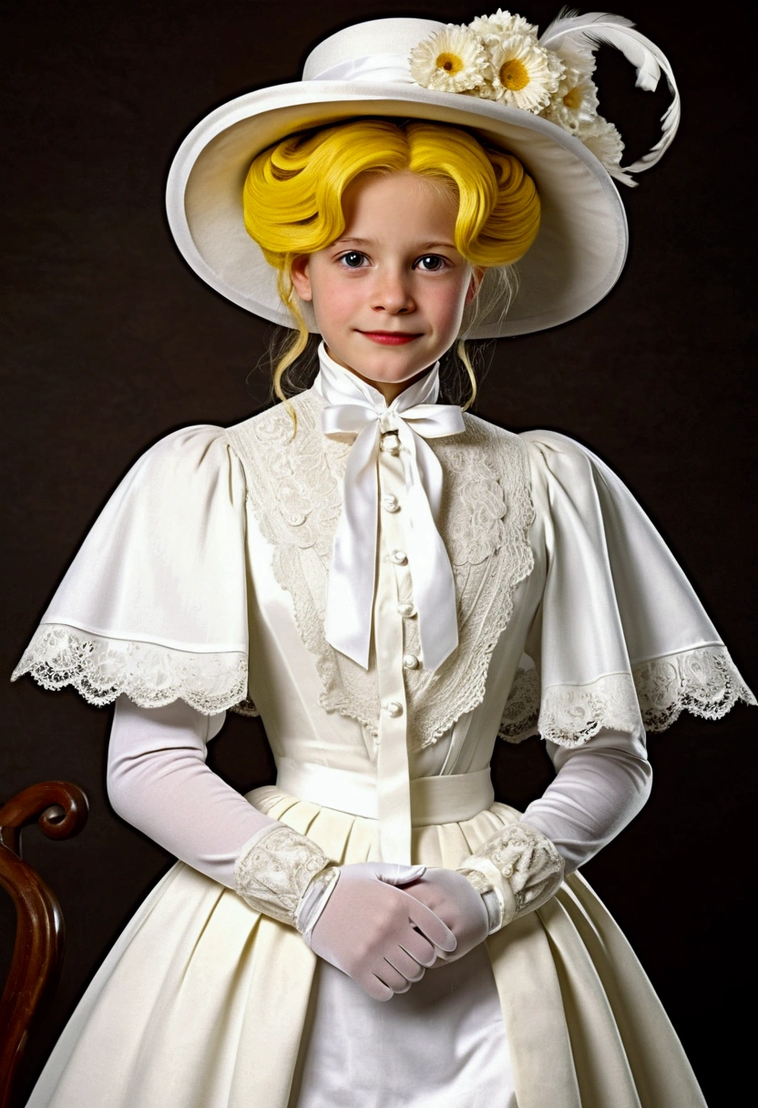 Year 1895. Lisa Simpson as a pretty flirty 8yo . Victorian clothing. High-collar long sleeve white shirtwaist. White cape. White sash around her waist. Knee-length white skirt. White petticoats. Thigh-high white silk stockings. White button boots. White picture hat topped with flowers, ribbons and feathers. White silk gloves. White ribbon tie. Delicately holding a white handkerchief. 1890s fashion. Full body.