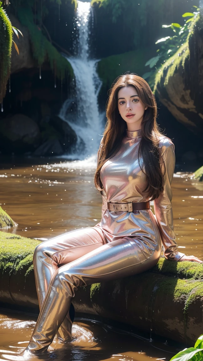 Young Anne Hathaway has long brown hair,Wearing a pink shiny full body suit,Full breasts,Long legs,Over the knee boots,Wear a belt,Sitting in the mud under the waterfall,Water flows from head to toe,The body is covered with water droplets,Wet hair,Full body picture,Realistic