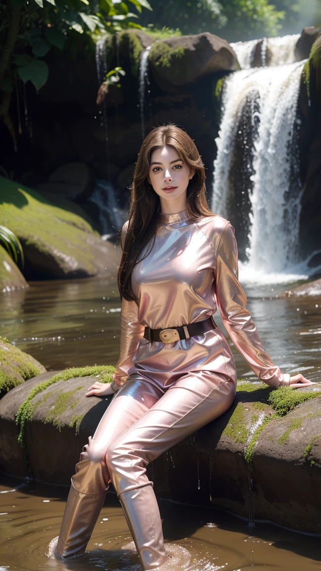 Young Anne Hathaway has long brown hair,Wearing a pink shiny full body suit，Full breasts，Long legs，Over the knee boots，Wear a belt，Sitting in the mud under the waterfall，Water flows from head to toe，The body is covered with water droplets，Wet hair，Full body picture，Realistic