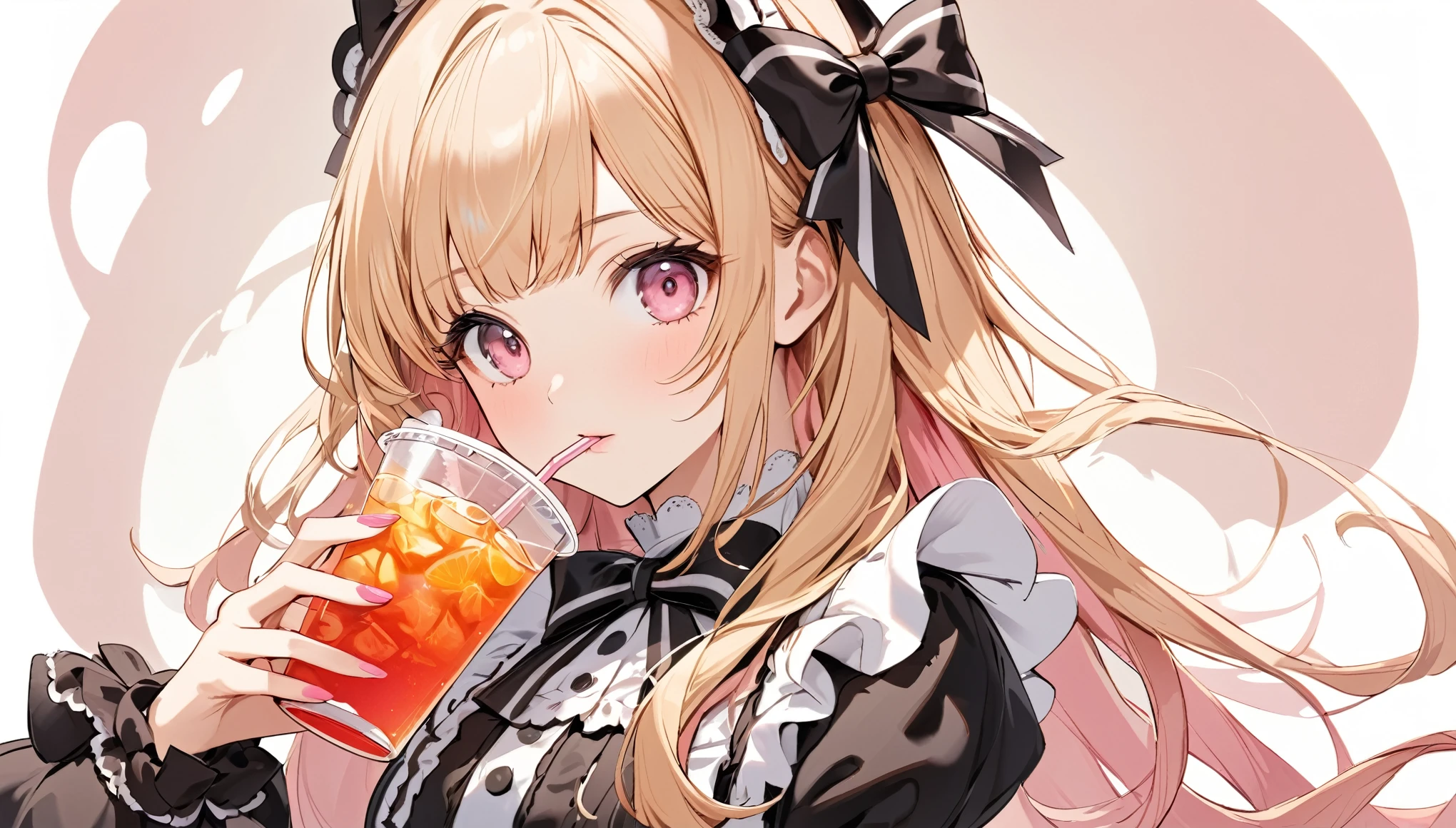 A beautiful girl with a big bow on her head, rosa Lolita-Outfit, one person, pink hair and long blonde hair, hold a stylish drink with a straw, delicate facial structure, perfect hand angle, without background