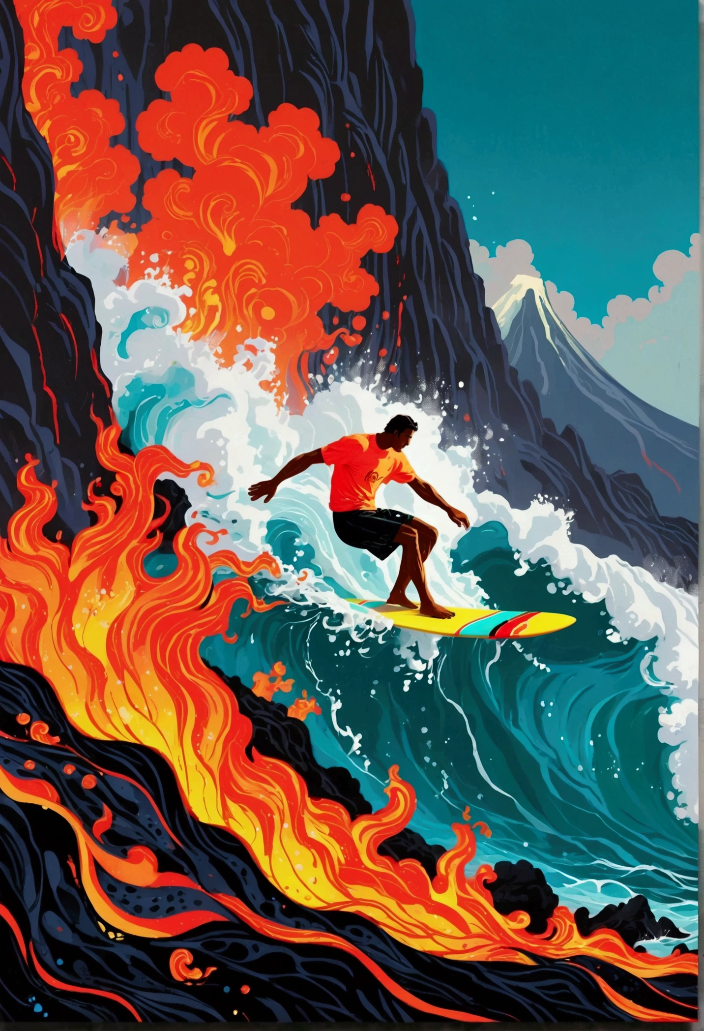 (((A man surfs in lava from a volcano))), jen bartel, in style of digital illustration, colorful illustration, kilian eng vibrant colors, kilian eng vibrant colours, inspired by Cyril Rolando, vector art style, in style of cyril rolando, adobe illustrator art, illustration style, stylised illustration, editorial illustration colorful, surfing
