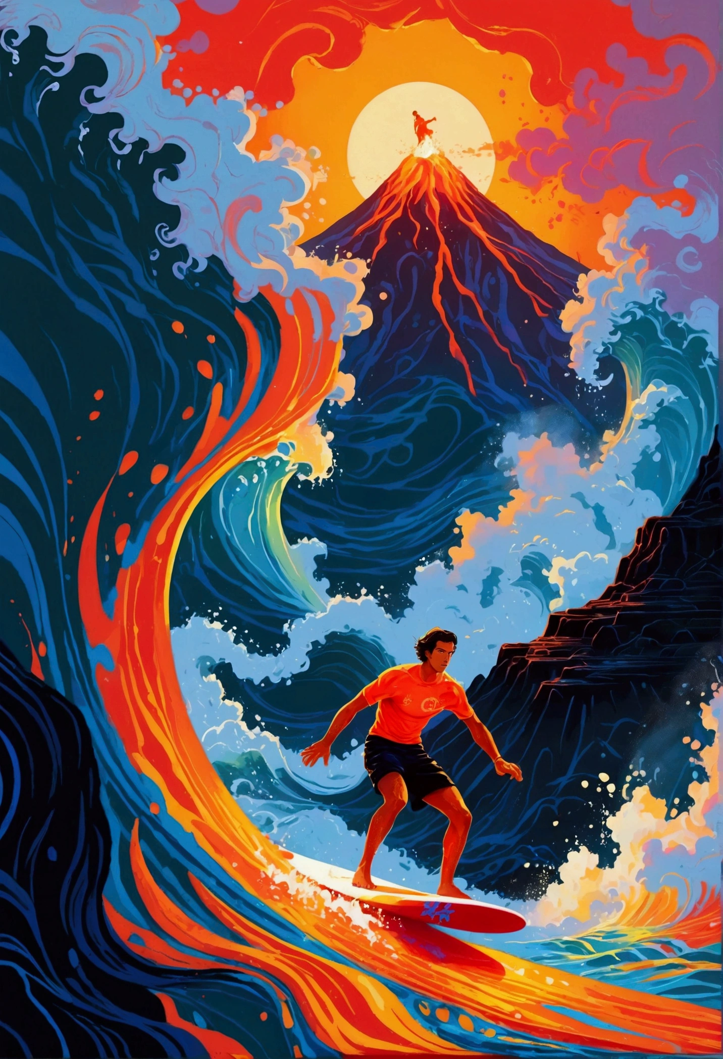 (((A man surfs in lava from a volcano))), jen bartel, in style of digital illustration, colorful illustration, kilian eng vibrant colors, kilian eng vibrant colours, inspired by Cyril Rolando, vector art style, in style of cyril rolando, adobe illustrator art, illustration style, stylised illustration, editorial illustration colorful, surfing