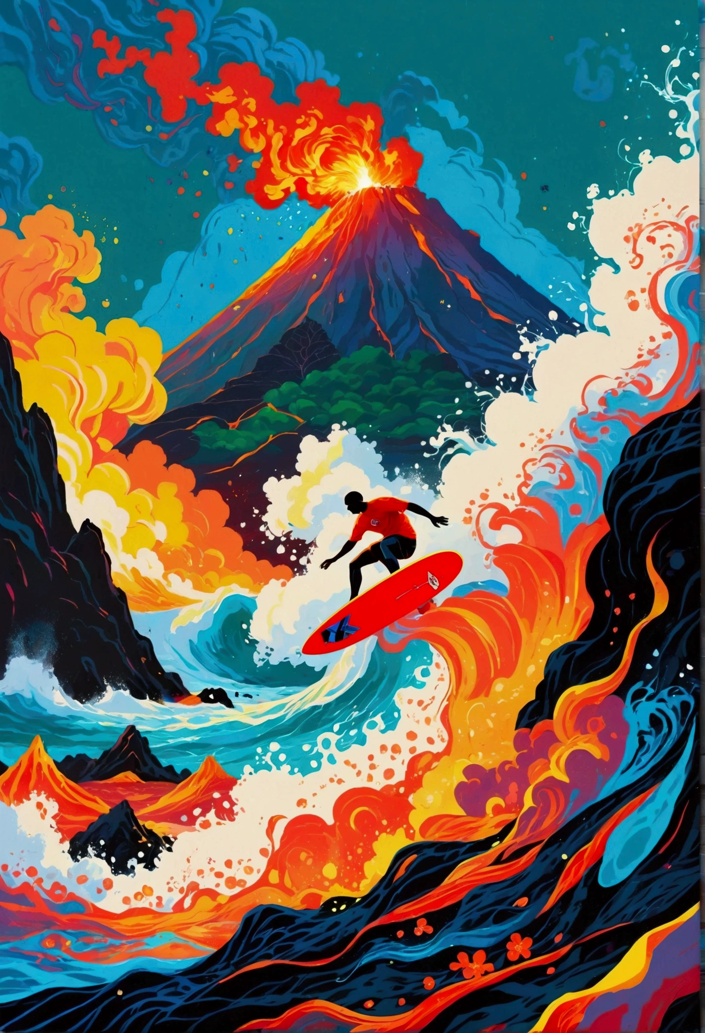 (((A man surfs in lava from a volcano))), jen bartel, in style of digital illustration, colorful illustration, kilian eng vibrant colors, kilian eng vibrant colours, inspired by Cyril Rolando, vector art style, in style of cyril rolando, adobe illustrator art, illustration style, stylised illustration, editorial illustration colorful, surfing