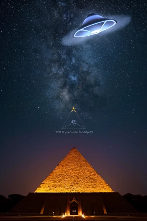 Draw a UFO hovering over a pyramid seen from the front。The pyramid is designed to resemble the Freemason logo.、There is an eye painted on the top。The UFO is a classic saucer shape.、It emits light。The background is the night sky and stars.、Please make the pyramid and UFO the focal point of the photo.。」