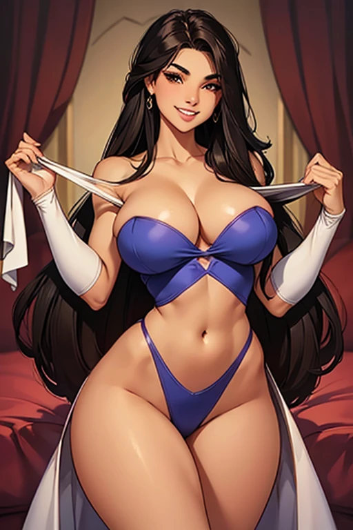 A beautiful girl, clean and nice smile, long dark hair, silky and voluminous, a stunning body, Waist slender, athletic body, pair of firm, well-shaped breasts