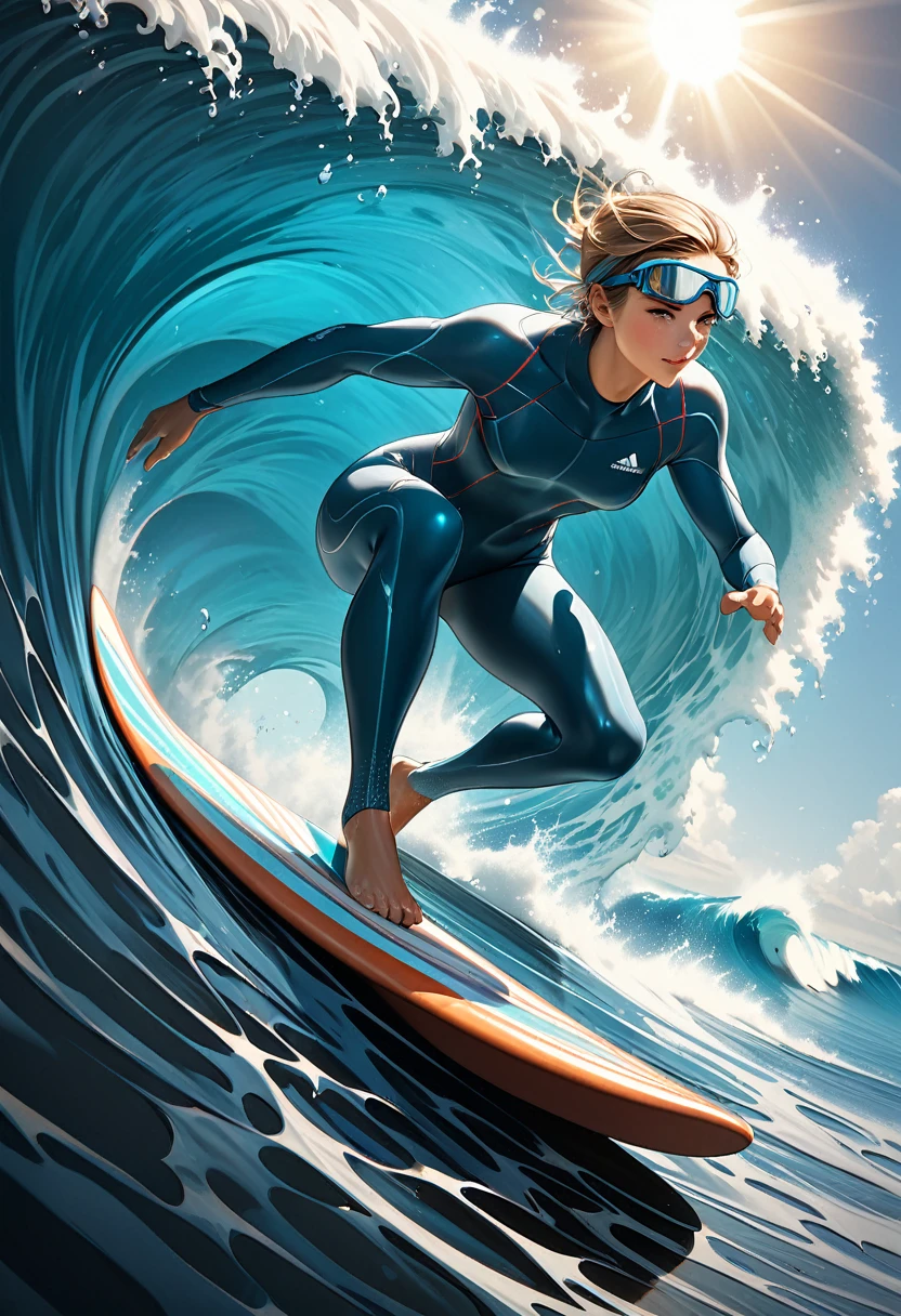 
               Anatomically perfect surfer wearing blue wetsuit and goggles riding huge waves featuring sunlight hitting the ocean, white blue green gradient, high dynamic range, Detailed and intricate psychedelic illustration of a hyper-realistic surfer High dynamic angles Perfect pose and vibrant Cinematic art imagery Beautiful artistic rendering of light and shadow cinematic special effects High-resolution imagery Surreal textures High-resolution, Digital painting,

                             Delicate and dynamic rendering, ultra-high quality, masterpiece,  Super detailed, Best quality animation style HD high quality presentation
