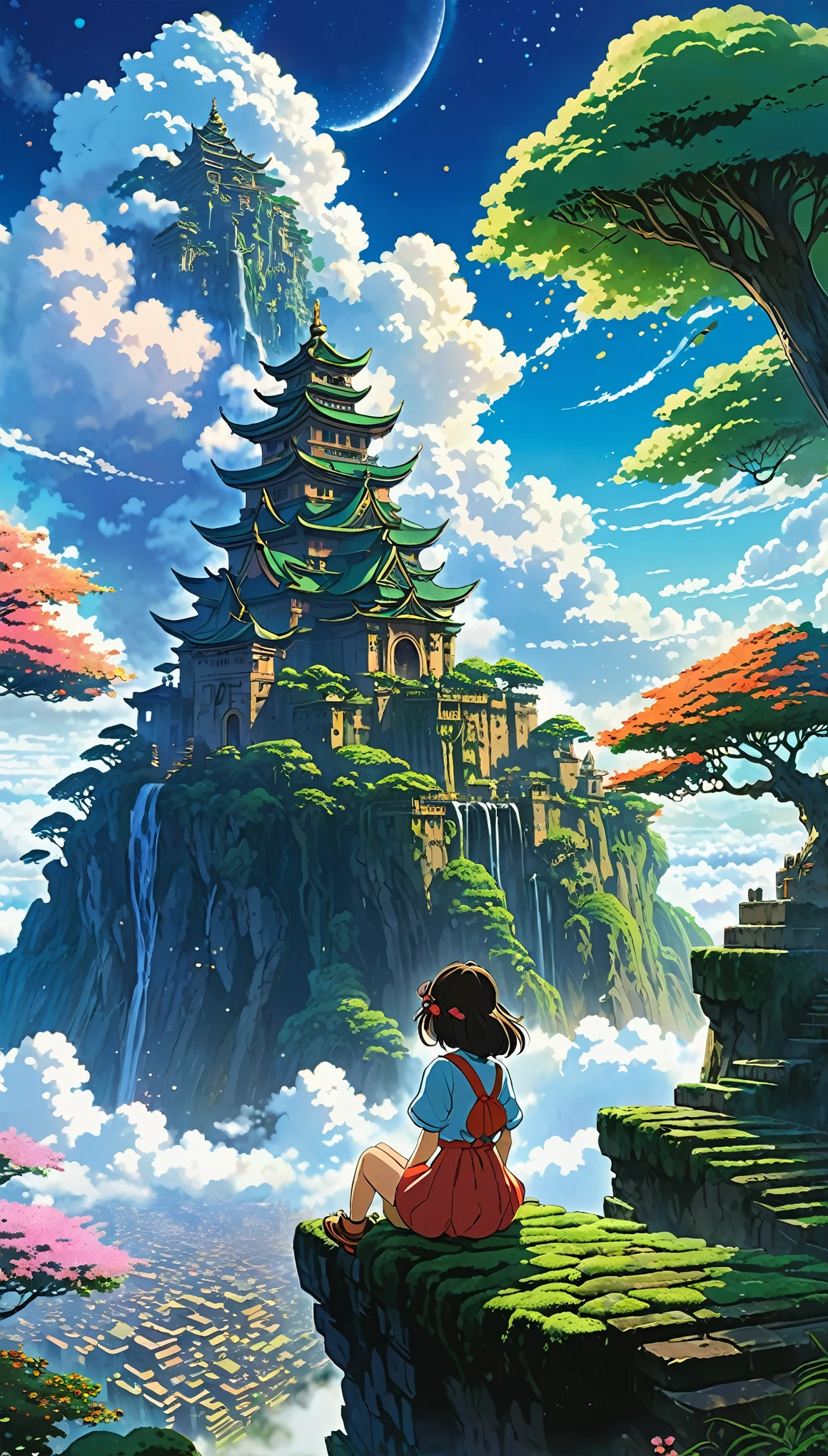 Estilo anime de Shin-Umi Mokoto y Ghibli, from behind,Over the clouds,Sitting on the mossy stage、A girl dressed in adventure looking at a magnificent lost city and the giant world tree next to it., lost city Over the clouds and towering sky, Magic glowing particles, Vibrant dreamy colorful sky with fluffy clouds, book, Apple, glasses, calm,petal,hair blowing in the wind,they are