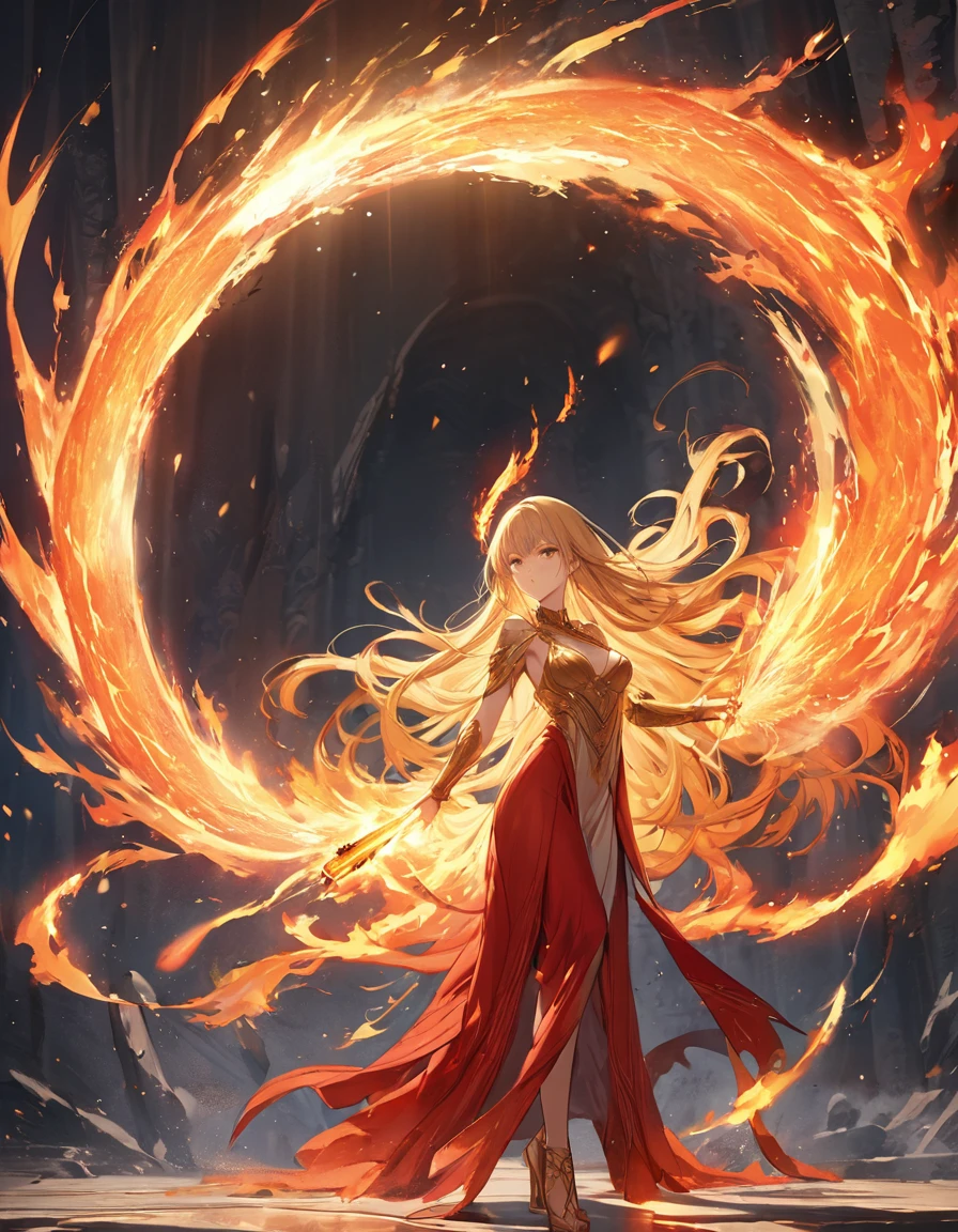 masterpiece, Highest quality, detailed,Fantasy、 (One girl), alone, detailed golden eyes, Fiery long hair, ((A goddess unleashing a large plasma bullet))、whole body、