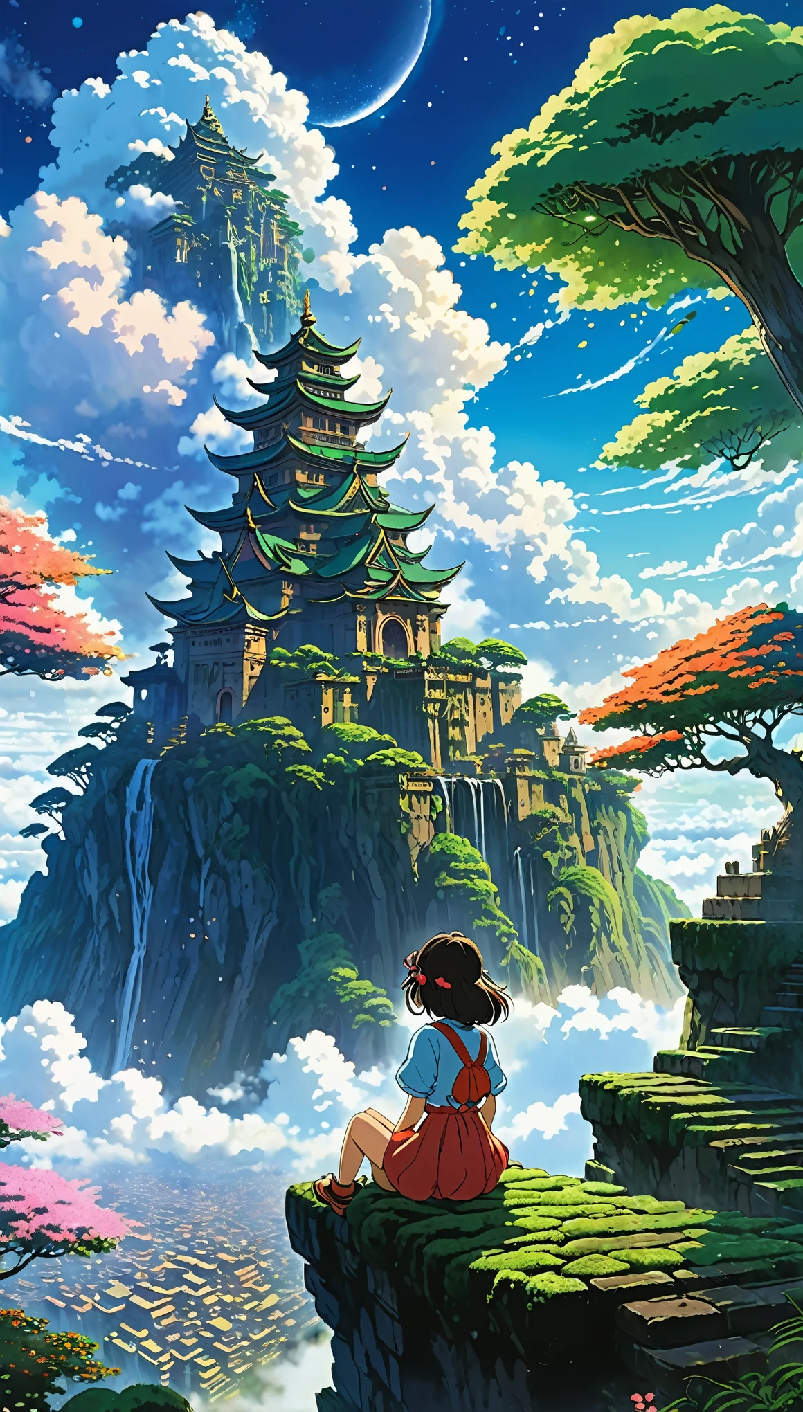 Estilo anime de Shin-Umi Mokoto y Ghibli, from behind,Over the clouds,Sitting on the mossy stage、A girl dressed in adventure looking at a magnificent lost city and the giant world tree next to it., lost city Over the clouds and towering sky, Magic glowing particles, Vibrant dreamy colorful sky with fluffy clouds, book, Apple, glasses, calm,petal,hair blowing in the wind,they are