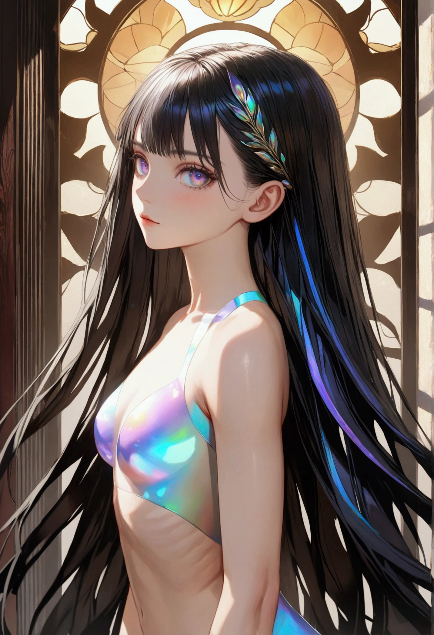 A girl with long dark iridescent hair,iridescent eyes, fair skin tone, hourglass built, bikini, detailed hair, detailed body, best quality, realistic