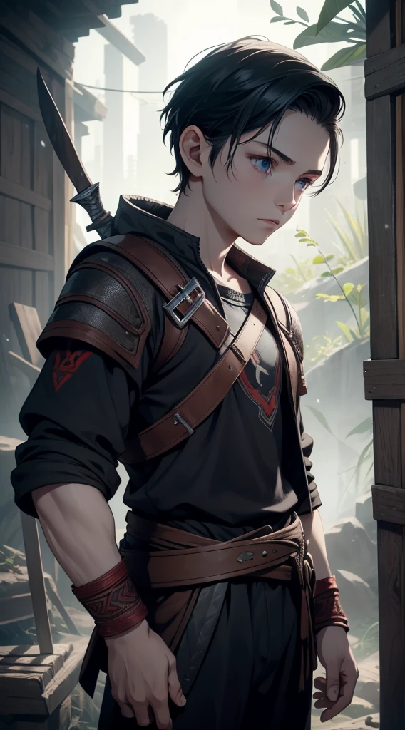 Young Boy, Atreus (God of War), Black Hair,Iris, Hunter's clothes, Viking, masterpiece, high quality, Attention to detail, High resolution, 4k Collapsed