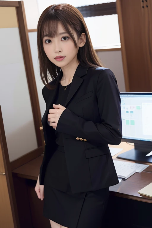 suit,2. Women,Realistic,(超high quality:1.2),Japanese,high quality,masterpiece,(Super detailed:1.4),60yo Japanese lady,Beautiful Face,(Really good:1.4),(skirt-suit:1.1),((office)),(Small breasts),thin,High resolution,