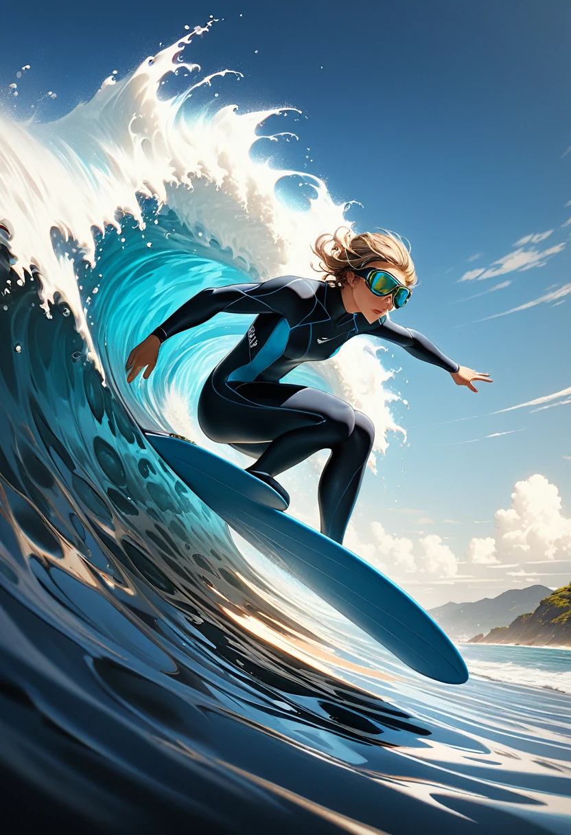 
               Anatomically perfect surfer wearing blue wetsuit and goggles riding huge waves featuring sunlight hitting the ocean, white blue green gradient, high dynamic range, Detailed and intricate psychedelic illustration of a hyper-realistic surfer High dynamic angles Perfect pose and vibrant Cinematic art imagery Beautiful artistic rendering of light and shadow cinematic special effects High-resolution imagery Surreal textures High-resolution, Digital painting,

                             Delicate and dynamic rendering, ultra-high quality, masterpiece,  Super detailed, Best quality animation style HD high quality presentation
