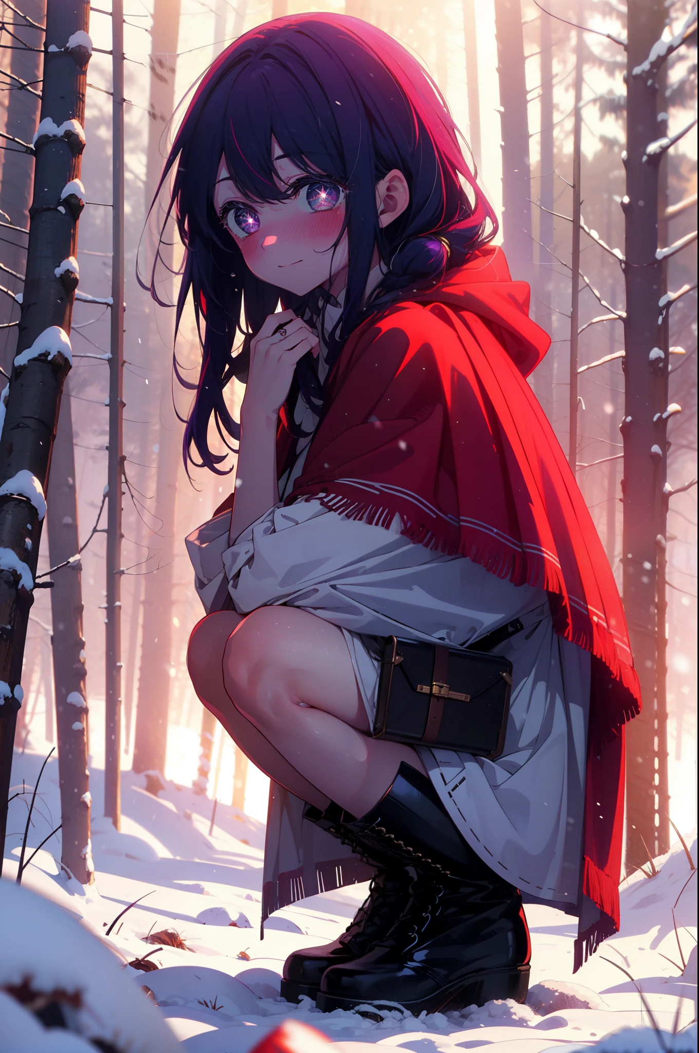 aihoshino, Ai Hoshino, Long Hair, bangs, (Purple eyes:1.1), Purple Hair, (Symbol-shaped pupil:1.5), smile,,smile,blush,white breath,
Open your mouth,snow,Ground bonfire, Outdoor, boots, snowing, From the side, wood, suitcase, Cape, Blurred, , forest, White handbag, nature, Squat, Mouth closed, Cape, winter, Written boundary depth, Black shoes, red Cape break looking at viewer, Upper Body, whole body, break Outdoor, forest, nature, break (masterpiece:1.2), Highest quality, High resolution, unity 8k wallpaper, (shape:0.8), (Beautiful and beautiful eyes:1.6), Highly detailed face, Perfect lighting, Extremely detailed CG, (Perfect hands, Perfect Anatomy),