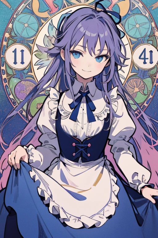 masterpiece, Highest quality, Very detailed, 16K, Ultra-high resolution, Cowboy Shot, Alice in Wonderland, (Alphonse Mucha's:1.3), (Pointillism:1.2), -yeld gi Detailed face, Mischievous Smile, Blue eyes, bionde, Vertical Roll, Ribbon on head, Blue clothes, Plain white apron, In a room with a big clock, clock, 壁clock