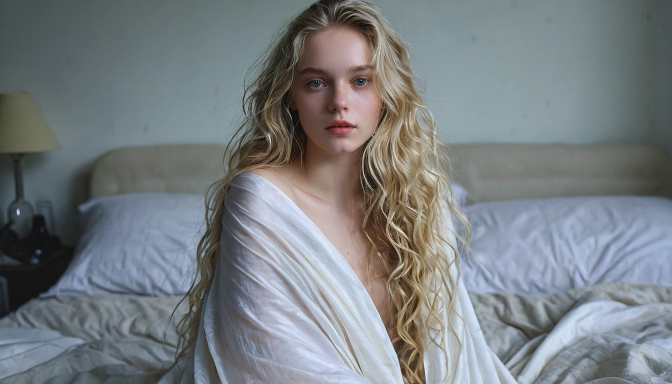 Photo of a 20-year-old European girl, raw, beautiful woman, (extra long wavy blonde hair), ((portrait)), ((detailed face: 1.2)), ((detailed facial features)), (finely detailed skin), pale skin, wrapped in a sheet, bedroom environment, sitting on the bed, (cold color), moist, moist, reflectors, (masterpiece) (perfectly proportioned) (photos realistic) (best quality) (detailed) photographed in a Canon EOS R5, 50mm lens, F/2.8, nfsw, (8K) (wallpaper) (cinematic lighting) (dramatic lighting) (foco nítido) (convoluted) fashion, from above