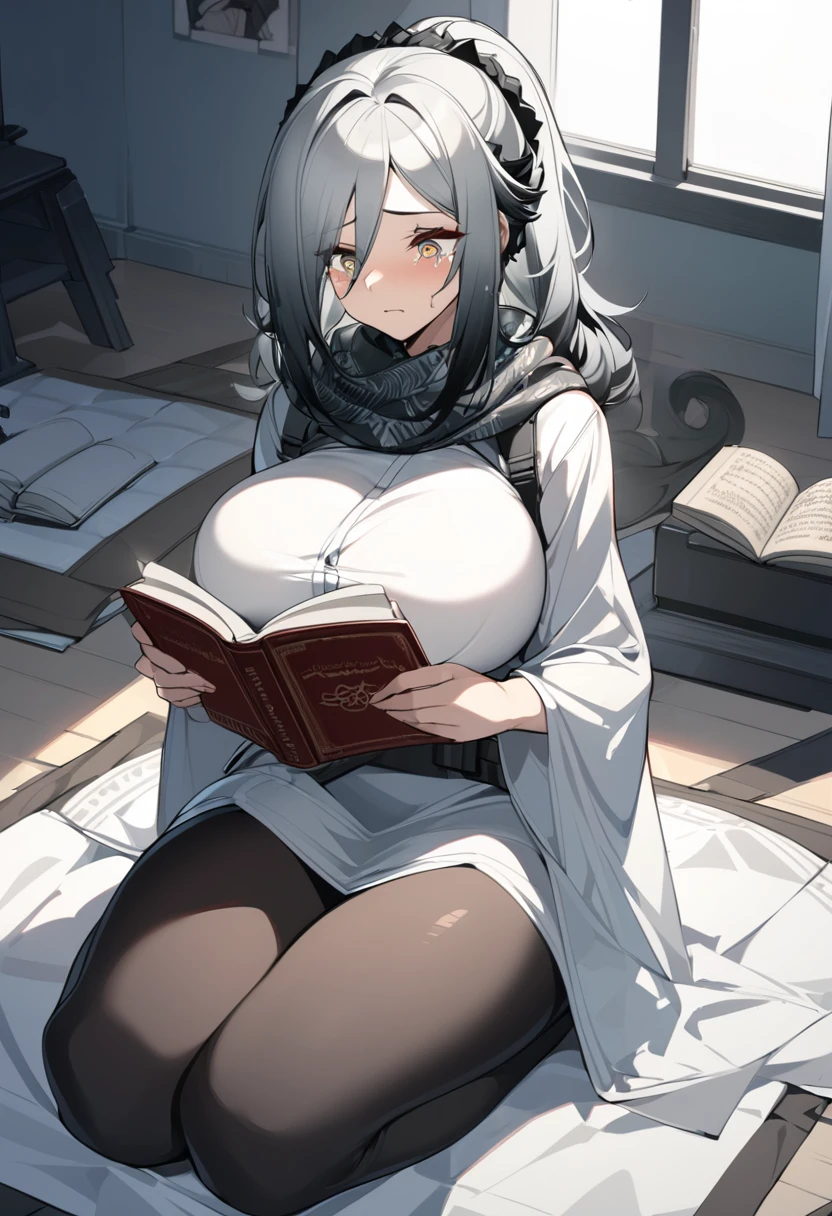 Schwarz(Arknights),grey hair,curvy body, wearing clothe(Islam),wears hijab(Islam),big breast,nsfw,praying in bedroom(Islam),sitting on a prayer mat,very wet body,crying,tears eyes,reading Qur'an.