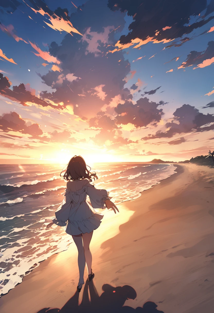 Young woman back with outstretched hand at anime Beach sunset