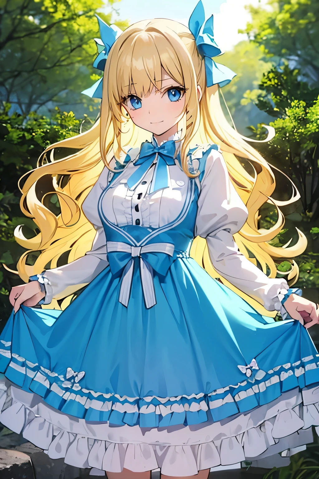 Safe for work, masterpiece, best quality, solo, 1 girl, cute girl, wholesome girl, (young female body:1.4), ( medium small breasts), cowboy shot, shy smile, flustered, yellow hair, voluminous wavy hair, extra long hair, hime cut, very blunt bangs, light blue eyes, detailed eyes, forest trees, river background, cute lolita fashion, light blue lolita dress, cozy background, light blue lolita dress, ribbons, light blue bows, big bow on head