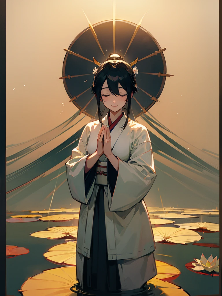 Amida、Zazen、mercy、Joining hands in prayer、Black Hair 、smile、Lotus、Paradise of Shinto and Buddhism