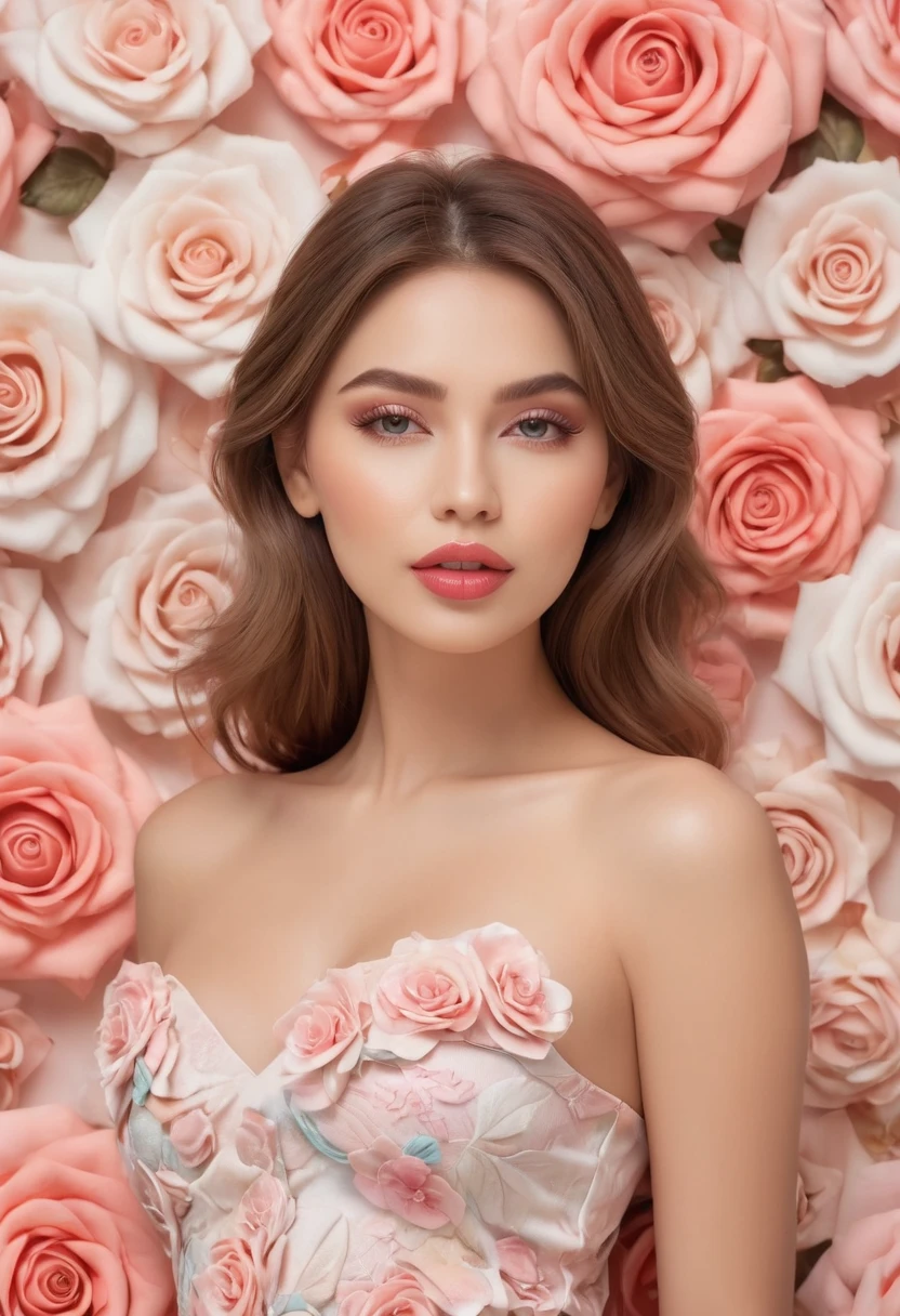 Feminine, high detail and quality, 8K Ultra HD, 3D, beautiful woman, fuller lips, looking at the camera, lean your body slightly, plump, night, mysterious rose, (fashion magazine cover), seamless pattern, neutral pastel colors, mysterious off-white world, fabric art, art station, (a large number of detailed designs in pastel style that combine magic and fantasy, splashes: 1.3), wallpaper design aesthetics, white tones, realistic, super realistic, full color and impressive.