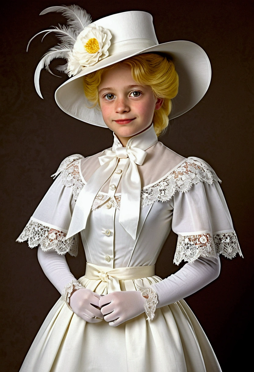 Year 1895. Lisa Simpson as a pretty flirty . Victorian clothing. High-collar long sleeve white shirtwaist. White cape. White sash around her waist. Knee-length white skirt. White petticoats. Thigh-high white silk stockings. White button boots. White picture hat topped with flowers, ribbons and feathers. White silk gloves. White ribbon tie. Delicately holding a white handkerchief. 1890s fashion. Full body. Proper lady.
