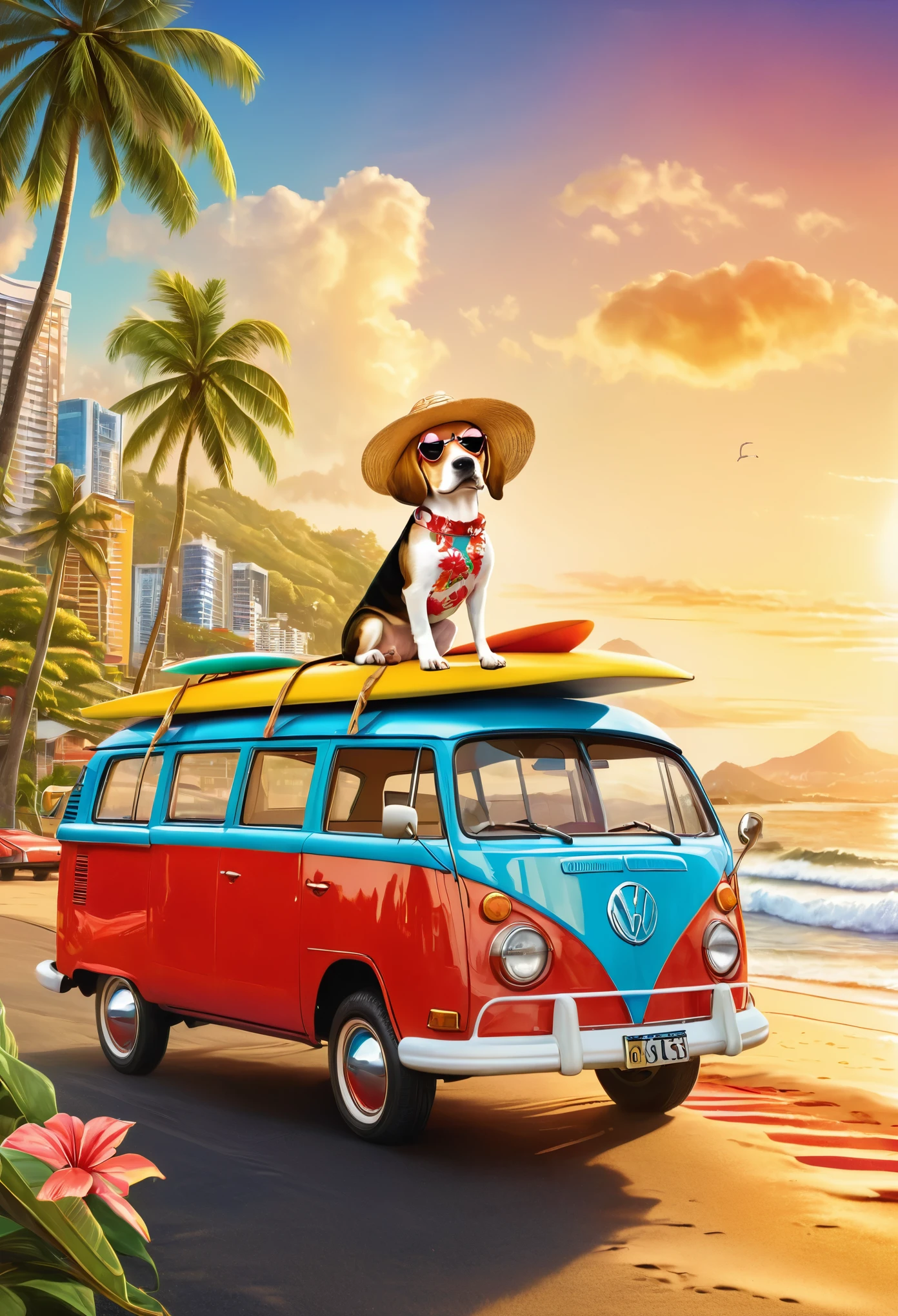 Beautiful young woman wearing sunglasses, straw hat, vintage aloha shirt and sandals, with her beagle and surfboard on the roof of a red vintage Volkswagen at the beach. Cityscape in the background, Cinematic lighting, Vibrant colors, Beautifully detailed eyes, Beautifully detailed lips, Highly detailed face, Long eyelashes, (Best Quality, 4k, 8k, High Resolution, Masterpiece: 1.2), Ultra Detailed, (Realistic, Photorealistic, Photorealistic: 1.37), Highly detailed, Exquisite details, Vibrant colors, Warm lighting, City pop aesthetic