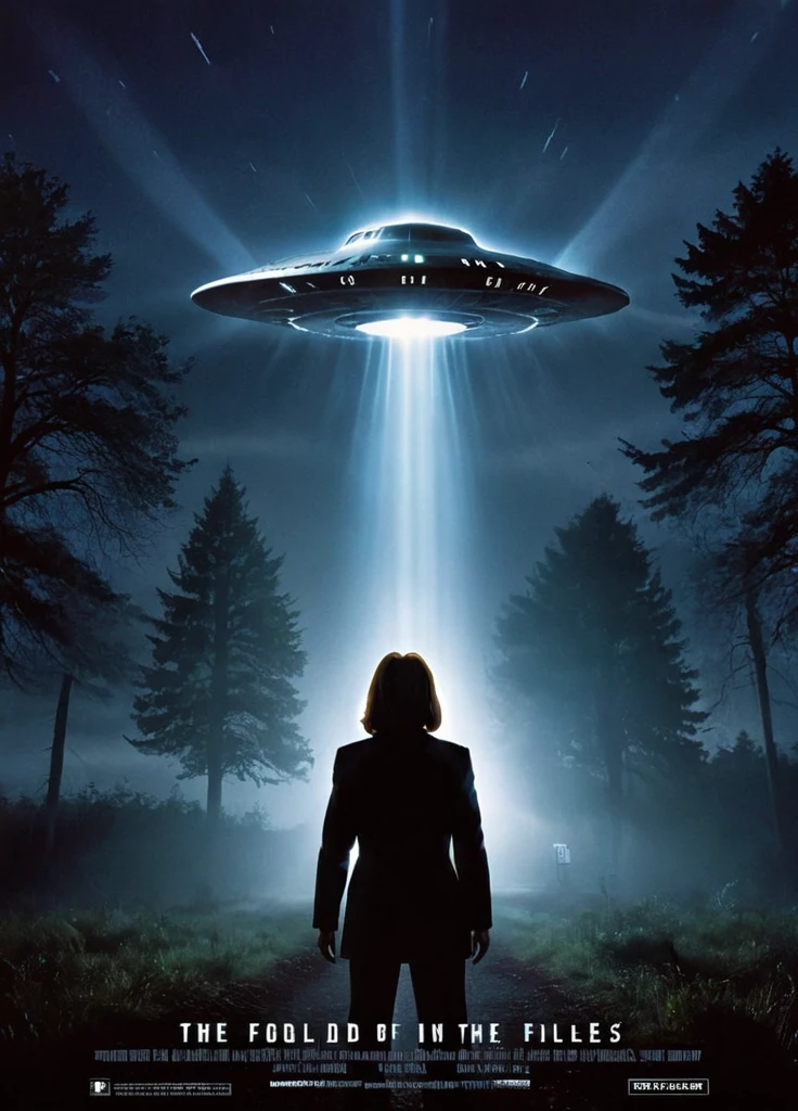 cinematic movie poster starring agentscully, science fiction theme, night, dark sky, dramatic light, light effects, outside, trees in the background, ufo in the sky, movie title text "The X-Files" in bold letters,
 