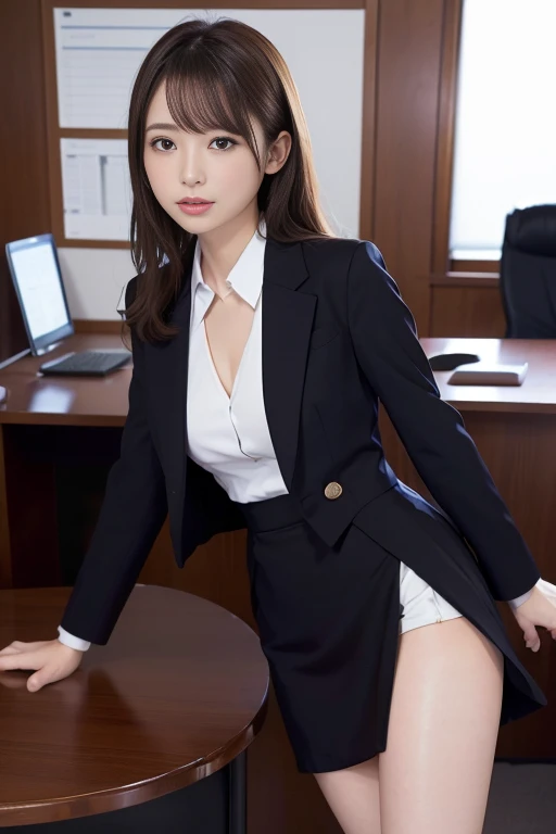 (pureerosface_v1:0.66), best quality, ultra high resolution, (photorealistic: 1.4), 1 girl, fine eyes, dark eye makeup, slim waist, blush, k-pop idol, (charm: 1.0), fine eye makeup, puffy eyes, solo, perfect anatomy, (big), (cleavage), (slender), (black hair: 1), (look at the viewer), sitting, crossed legs, chair, (original_alice), (light blue tie), (marine blue eyes),(zhuo),(alice_halo:0.7),(blue halo),(smile),(happiness),(pigtails),(long hair),(long bangs),(blue archive),(black hair band),(long coat),(school uniform),(white long-sleeved shirt),( Pleated skirt),(Navy blue skirt),(bare feet),NSFW,Depth of field,Facial details,Skin luster,Beautiful eyes,Dark eye makeup、Slim waist,Cheeks,Fine eye makeup,Solo,Perfect anatomy,