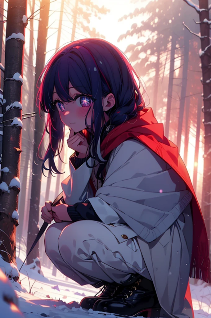 aihoshino, Ai Hoshino, Long Hair, bangs, (Purple eyes:1.1), Purple Hair, (Symbol-shaped pupil:1.5), smile,,smile,blush,white breath,
Open your mouth,snow,Ground bonfire, Outdoor, boots, snowing, From the side, wood, suitcase, Cape, Blurred, , forest, White handbag, nature,  Squat, Mouth closed, Cape, winter, Written boundary depth, Black shoes, red Cape break looking at viewer, Upper Body, whole body, break Outdoor, forest, nature, break (masterpiece:1.2), Highest quality, High resolution, unity 8k wallpaper, (shape:0.8), (Beautiful and beautiful eyes:1.6), Highly detailed face, Perfect lighting, Extremely detailed CG, (Perfect hands, Perfect ???????),