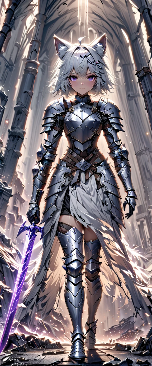 UHD, masterpiece, best quality, extremely detailed, (anatomically correct), sharp focus, midnight, gloomy atmosphere, frontal light, soft light, diffused light, shade, no shadow, ((battlefield)), abandoned castle, broken castle, broken walls, broken floors, broken windows, broke glass, 1girl, solo, Filian, fox tail, small cat ears, white hair, short hair, ahoge, (hairclip), hair ornament, hair bell, big eyes, deep violet eyes, blush, closed mouth, slight smile, white knights armor, metal breastplate, metal gauntlet, slim arms, hands wielding purple crystal sword, sword and shield, armored skirt, slim legs, leg armor, metal greaves, armored boots, full body shot, full body pose, Eye-Level Shot, front view, full body pose,