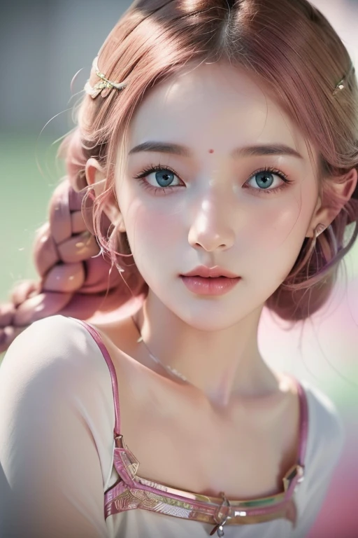 (best quality, 4K, 8K, high-resolution, masterpiece), ultra-detailed, colorful pastel, beautiful young woman, digital art, detailed facial features, light pink tones, emerald tones, charming character illustrations, soft focus, intricate design, gentle expression, ethereal atmosphere, vibrant colors, delicate details, artistic elegance, high detail, high resolution.