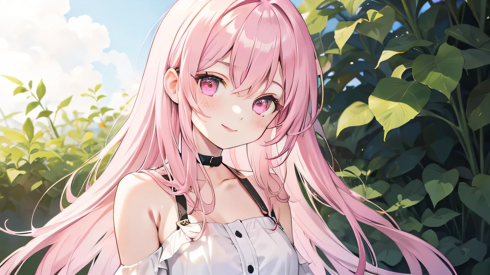 masterpiece, beautiful detailed, one cute girl, the girl wearing (casual and cute clothes), pink Eyes, pink hair, long hair, layered hair, smile, medium breasts, summer theme, (((bold outline))), limited palette