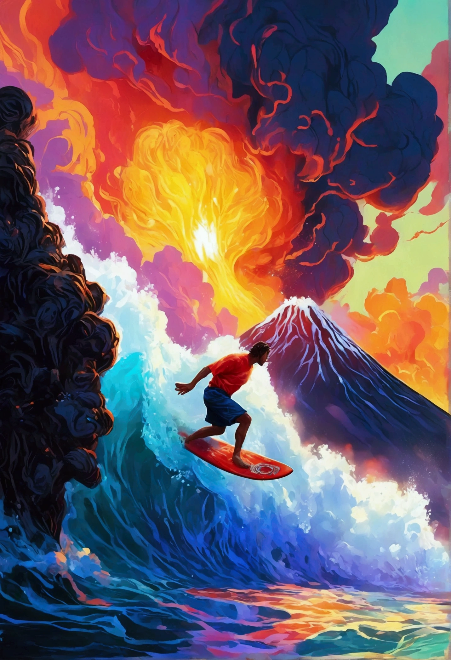 (((A man surfs in lava from a volcano))), jen bartel, in style of digital illustration, colorful illustration, kilian eng vibrant colors, kilian eng vibrant colours, inspired by Cyril Rolando, vector art style, in style of cyril rolando, adobe illustrator art, illustration style, stylised illustration, editorial illustration colorful, surfing