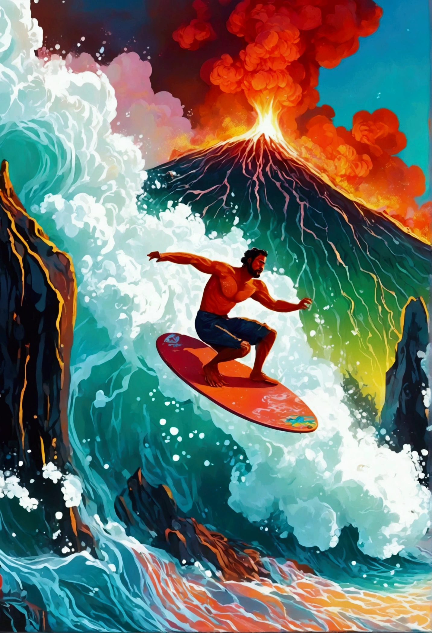 (((A man surfs in lava from a volcano))), jen bartel, in style of digital illustration, colorful illustration, kilian eng vibrant colors, kilian eng vibrant colours, inspired by Cyril Rolando, vector art style, in style of cyril rolando, adobe illustrator art, illustration style, stylised illustration, editorial illustration colorful, surfing