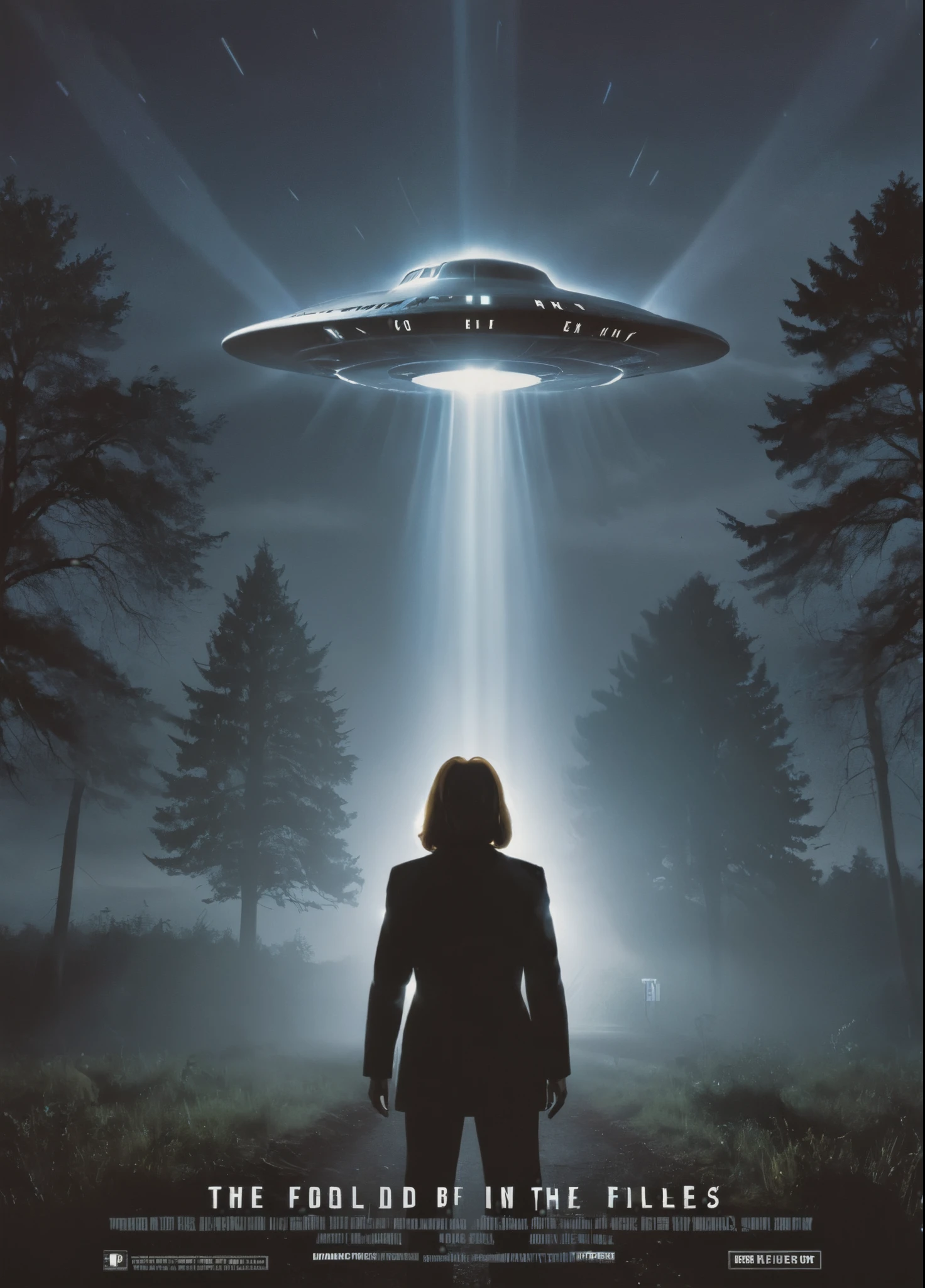 cinematic movie poster starring agentscully, science fiction theme, night, dark sky, dramatic light, light effects, outside, trees in the background, ufo in the sky, movie title text "The X-Files" in bold letters,
 