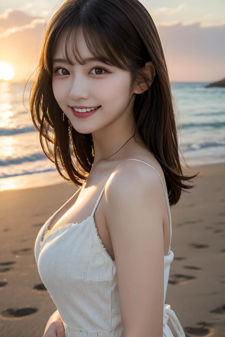 Beach Coast Sunset , Highest quality, shape, Very detailed, In detail, High resolution, 8k wallpaper, Perfect dynamic composition, Beautiful details, Natural Lip, Fluffy dresses, Big Breasts, Cleavage, She is smiling.., A masterpiece of the whole body, Side Short